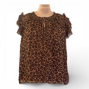 OLD NAVY Flutter-Sleeve Brown Leopard Print Smocked Blouse, NWOT! Size 3X